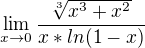 $\lim_{x\to0} \frac{\sqrt[3]{x^3+x^2}}{x*ln(1-x)}$