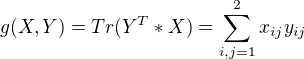 $g(X,Y)=Tr(Y^T*X)=\sum_{i,j=1}^{2}x_{ij}y_{ij} $