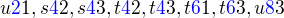 $u\color{blue}2\color{black}1, s\color{blue}4\color{black}2, s\color{blue}4\color{black}3, t\color{blue}4\color{black}2, t\color{blue}4\color{black}3, t\color{blue}6\color{black}1, t\color{blue}6\color{black}3, u\color{blue}8\color{black}3$