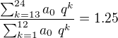 ${{\sum_{k=13}^{24}{a_0\ q^{k}}}\over{\sum_{k=1}^{12}{a_0\ q^{k}}}}=1.25$