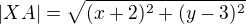 $|XA|=\sqrt{(x+2)^2+(y-3)^2}$