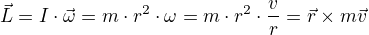$\vec{L}=I\cdot \vec{\omega} =m\cdot r^{2}\cdot \omega =m\cdot r^{2}\cdot \frac{v}{r}=\vec{r}\times m\vec{v}$