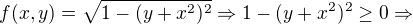 $f(x,y) = \sqrt{1 - (y + x^2)^2} \Rightarrow 1 - (y + x^2)^2 \ge 0 \Rightarrow$