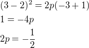 $(3-2)^2=2p(-3+1)\nl1=-4p\nl2p=-\frac 12$