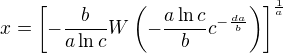 $x = \left[-\frac{b}{a\ln c}W\left(-\frac{a\ln c}{b}c^{-\frac{da}{b}}\right)\right]^{\frac{1}{a}}$