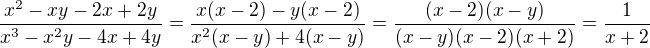 $\frac{x^2-xy-2x+2y}{x^3-x^2y-4x+4y}=\frac{x(x-2)-y(x-2)}{x^2(x-y)+4(x-y)}=\frac{(x-2)(x-y)}{(x-y)(x-2)(x+2)}=\frac{1}{x+2}$