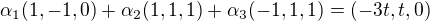 ${\alpha_1(1,-1,0)+\alpha_2(1,1,1)+\alpha_3(-1,1,1)}={(-3t,t,0)}$