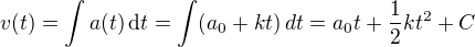 $v(t)=\int a(t)\,\mbox{d}t=\int (a_0+kt)\,{d}t=a_0t+\frac12kt^2+C$