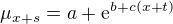 kopírovat do textarea $ \mu_{x+s}=a+\mathrm{e}^{b+c(x+t)}$