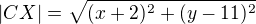 $|CX|=\sqrt{(x+2)^2+(y-11)^2}$