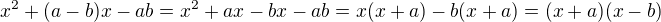$x^2+(a-b)x-ab=x^2+ax-bx-ab=x(x+a)-b(x+a)=(x+a)(x-b)$