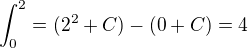 $\int_0^2=(2^2+C)-(0+C)=4$