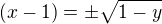 $(x-1)=\pm \sqrt{1-y}$