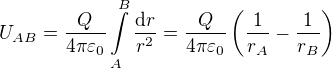 $U_{AB}=\frac Q {4\pi\varepsilon_0}\int\limits_A^B \frac{\d r}{r^2}=\frac Q {4\pi\varepsilon_0}\left(\frac1{r_A}-\frac1{r_B}\right)$