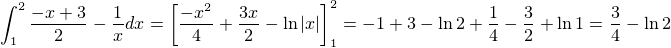 $\int_{\small 1}^{\small 2} \frac{-x+3}{2} - \frac{1}{x} dx = \left[ \frac{-x^2}{4}+\frac{3x}{2}-\ln |x|\right]_1^2 = -1+3-\ln 2 +\frac{1}{4}-\frac{3}{2}+\ln 1=\frac{3}{4}-\ln 2$