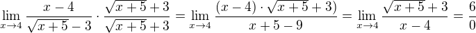 $\lim_{x\to4} \frac{x-4}{\sqrt{x+5}-3}\cdot \frac{\sqrt{x+5}+3}{\sqrt{x+5}+3}=\lim_{x\to4}\frac{(x-4)\cdot \sqrt{x+5}+3)}{x+5-9}= \lim_{x\to4}\frac{\sqrt{x+5}+3}{x-4}=\frac{6}{0}$