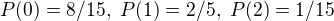 $P(0)=8/15, \ P(1)=2/5, \ P(2) = 1/15$