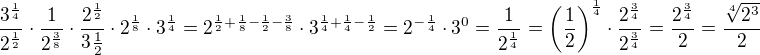 $\frac{3^{\frac14}}{2^{\frac12}}\cdot \frac{1}{2^{\frac38}}\cdot \frac{2^{\frac12}}{3\frac12}\cdot 2^{\frac18}\cdot 3^{\frac14}=2^{\frac{1}{2}+\frac{1}{8}-\frac{1}{2}-\frac{3}{8}}\cdot 3^{\frac{1}{4}+\frac{1}{4}-\frac{1}{2}}=2^{-\frac14}\cdot 3^0=\frac{1}{2^{\frac14}}=\(\frac{1}{2}\)^{\frac14}\cdot \frac{2^{\frac34}}{2^{\frac34}}=\frac{2^{\frac34}}{2}=\frac{\sqrt[4]{2^3}}{2}$