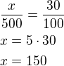 $\frac {x}{500}=\frac{30}{100}\nlx=5\cdot 30\nlx=150$