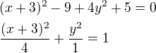 $(x+3)^{2}-9+4y^{2}+5=0\nl \frac{(x+3)^{2}}{4}+\frac{y^{2}}{1}=1$