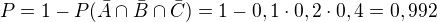 $P = 1 - P(\bar{A}\cap \bar{B}\cap \bar{C}) = 1 - 0,1\cdot 0,2\cdot 0,4 = 0,992$