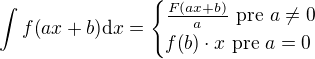$\int{f{\left(ax+b\right)}\mathrm{d}x}=\begin{cases}\frac{F{\left(ax+b\right)}}{a} \text{ pre } a\neq 0\\f{\left(b\right)}\cdot x \text{ pre }a=0\end{cases}$