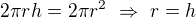 $2\pi r h=2\pi r^2\ \Rightarrow\ r=h$