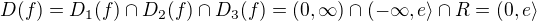 $D(f)=D_{1}(f)\cap D_{2}(f)\cap D_{3}(f)=(0,\infty )\cap (-\infty,e \rangle \cap R=(0,e \rangle$