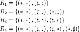 $R_{1}=\{\(*,*\),\(\sharp,\sharp\)\}\nl R_{2}=\{\(*,*\),\(\sharp,\sharp\),\(*,\sharp\)\}\nl R_{3}=\{\(*,*\),\(\sharp,\sharp\),\(\sharp,*\)\}\nl R_{4}=\{\(*,*\),\(\sharp,\sharp\),\(\sharp,*\),\(*,\sharp\)\}$