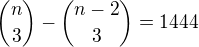 kopírovat do textarea ${n\choose3}-{n-2\choose3}=1444$