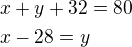 $x+y+32=80 \nl x-28=y$
