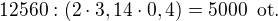 $12560:(2\cdot 3,14\cdot 0,4)=5000\enspace \text{ot}.$