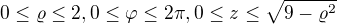 $0\le \varrho \le 2 ,0\le \varphi \le 2\pi ,0\le z\le \sqrt{9-\varrho ^{2}}$