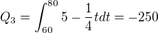 $Q_{3}=\int_{60}^{80}5-\frac{1}{4}t dt=-250$