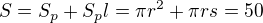 $S=S_p+S_pl=\pi r^2+\pi rs=50$