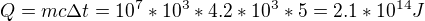kopírovat do textarea $Q=mc\Delta t=10^7*10^3*4.2*10^3*5=2.1*10^{14}J$