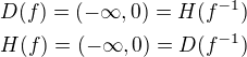 $D(f)=(-\infty,0)=H(f^{-1})\nl H(f)=(-\infty,0)=D(f^{-1})$