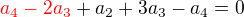 $\color{red}a_4-2a_3\color{black} + a_2 + 3a_3 -a_4 =0$