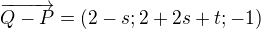 $\overrightarrow{Q-P}=(2-s;2+2s+t;-1)$