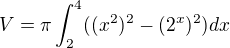 $V=\pi \int_{2}^{4}( (x^2)^2-(2^x)^2 )dx$