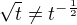 $\sqrt{t}\neq t^{-\frac12}$