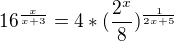 $16^{\frac{x}{x+3}}=4 * (\frac{2^{x}}{8})^{\frac{1}{2x+5}}$