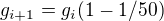 $g_{i+1}=g_i(1-1/50)$