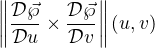 $\left\| \frac{\mathcal{D} \vec{\wp}}{\mathcal{D} u}\times \frac{\mathcal{D} \vec{\wp}}{\mathcal{D} v} \right\|(u,v)$