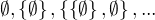 $\emptyset,\{\emptyset\},\{\{\emptyset\},\emptyset\},...$