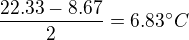 $\frac{22.33-8.67}{2}=6.83^\circ C$
