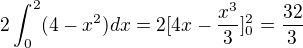 $2\int_{0}^{2}(4-x^{2})dx=2[4x-\frac{x^{3}}{3}]^{2}_{0}=\frac{32}{3}$