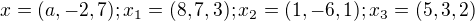 $x=(a,-2,7); x_{1}=(8,7,3);x_{2}=(1,-6,1);x_{3}=(5,3,2)$