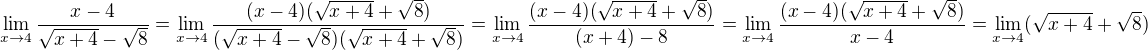 $\lim_{x\rightarrow 4}\frac{x-4}{\sqrt{x+4}-\sqrt{8}}=\lim_{x\rightarrow 4}\frac{(x-4)(\sqrt{x+4}+\sqrt{8})}{(\sqrt{x+4}-\sqrt{8})(\sqrt{x+4}+\sqrt{8})}=\lim_{x\rightarrow 4}\frac{(x-4)(\sqrt{x+4}+\sqrt{8})}{(x+4)-8}=\lim_{x\rightarrow 4}\frac{(x-4)(\sqrt{x+4}+\sqrt{8})}{x-4}=\lim_{x\rightarrow 4}(\sqrt{x+4}+\sqrt{8})$