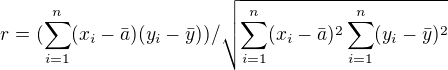 kopírovat do textarea $r=(\sum_{i=1}^{n}(x_{i}-\bar{a})(y_{i}-\bar{y})) / \sqrt{\sum_{i=1}^{n}(x_{i}-\bar{a})^{2}\sum_{i=1}^{n}(y_{i}-\bar{y})^{2}}$